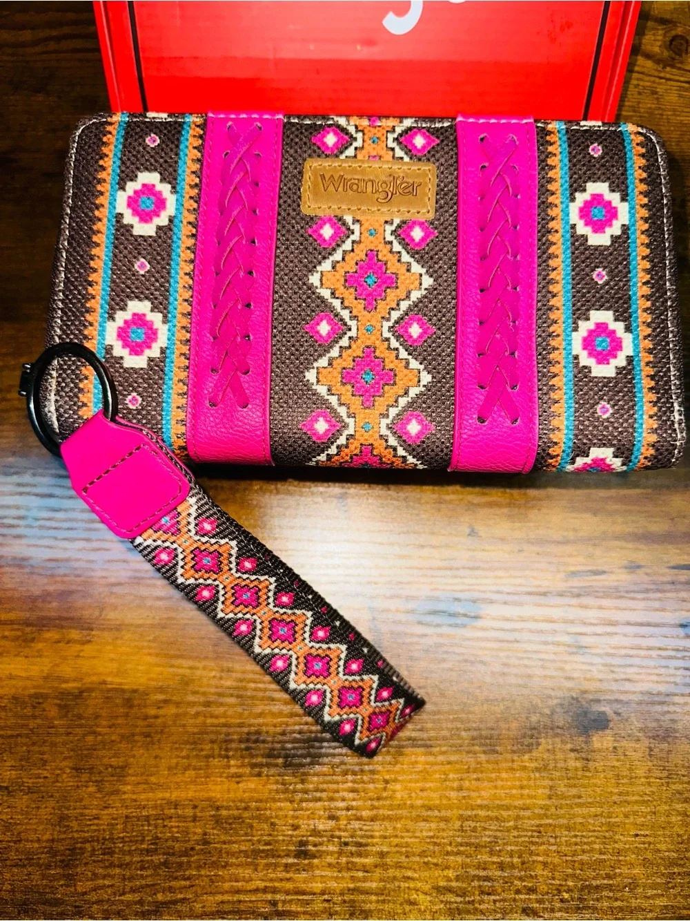 Wrangler Pink and Brown Embroidered Wristlet Wallet with Strap